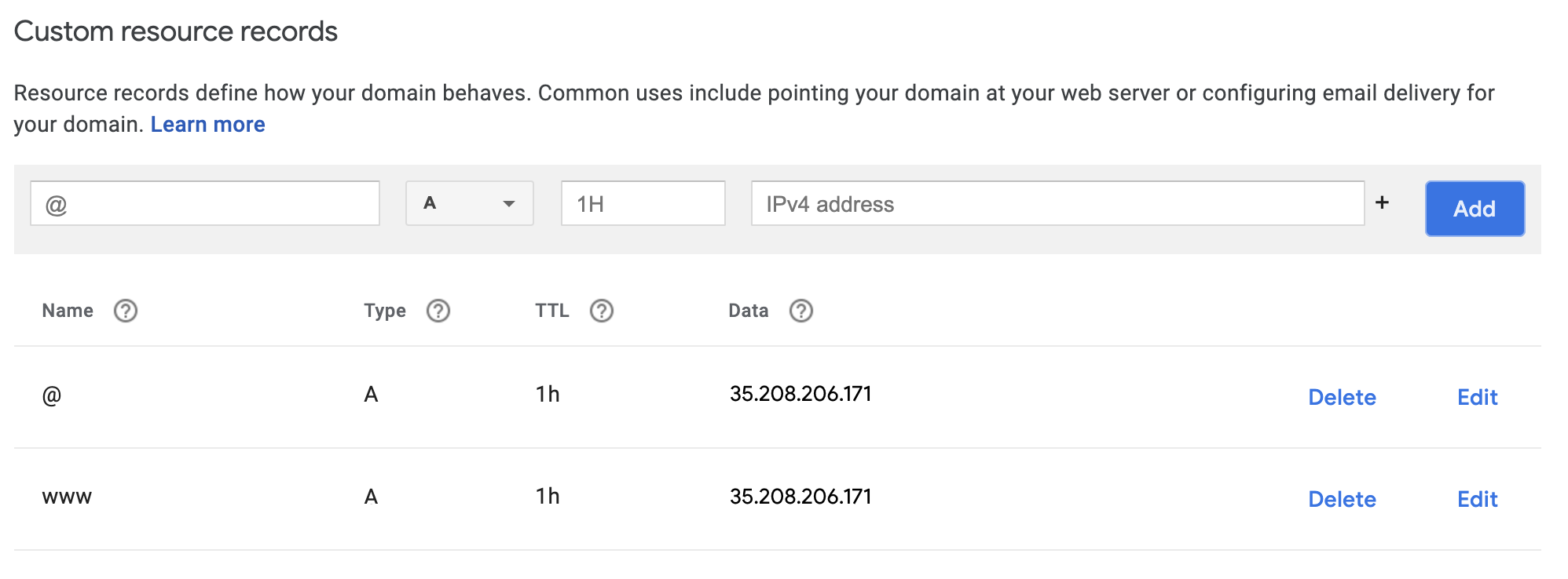 Google Domain Record List