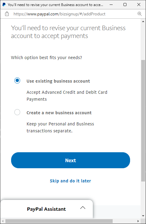 Select use existing business account