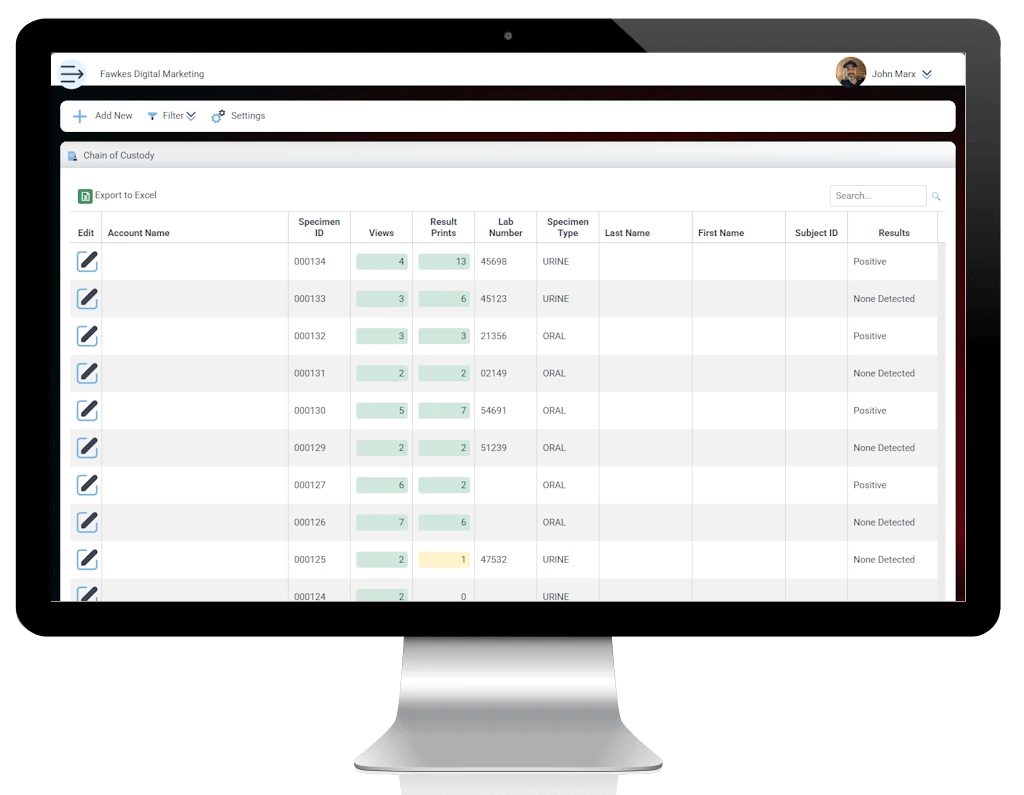 Desktop Device showing Drug Testing module